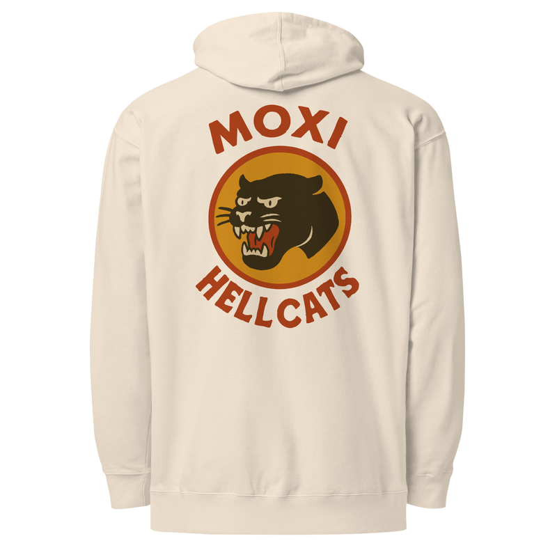 Off white  lightweight Moxi hoodie featuring a bold back graphic of a vintage-style black panther inside an orange circle, with red “MOXI” text above and “HELLCATS” below.