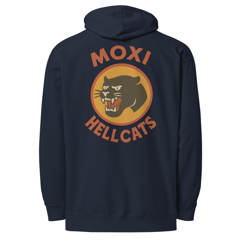 Dark Blue, lightweight Moxi hoodie featuring a bold back graphic of a vintage-style black panther inside an orange circle, with red “MOXI” text above and “HELLCATS” below.