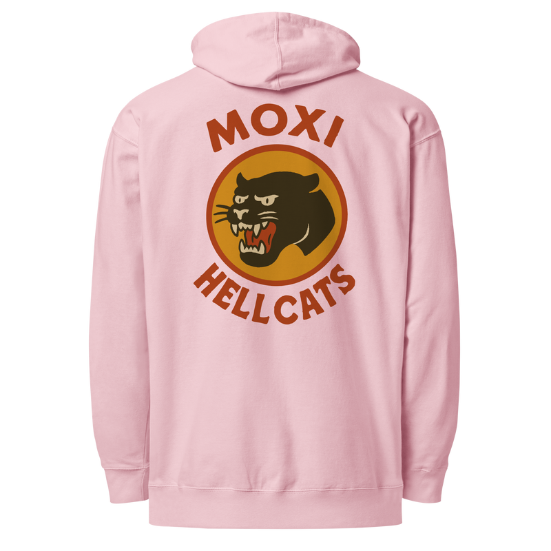 Pink lightweight Moxi hoodie featuring a bold back graphic of a vintage-style black panther inside an orange circle, with red “MOXI” text above and “HELLCATS” below.