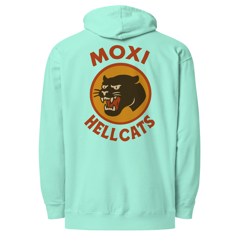 Mint Green, lightweight Moxi hoodie featuring a bold back graphic of a vintage-style black panther inside an orange circle, with red “MOXI” text above and “HELLCATS” below.