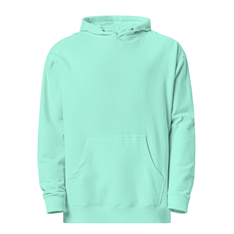 Mint Green, lightweight Moxi hoodie featuring a bold back graphic of a vintage-style black panther inside an orange circle, with red “MOXI” text above and “HELLCATS” below.