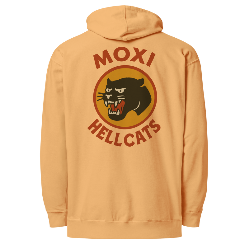 Yellow, lightweight Moxi hoodie featuring a bold back graphic of a vintage-style black panther inside an orange circle, with red “MOXI” text above and “HELLCATS” below.