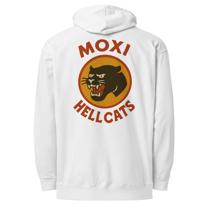 White  lightweight Moxi hoodie featuring a bold back graphic of a vintage-style black panther inside an orange circle, with red “MOXI” text above and “HELLCATS” below.