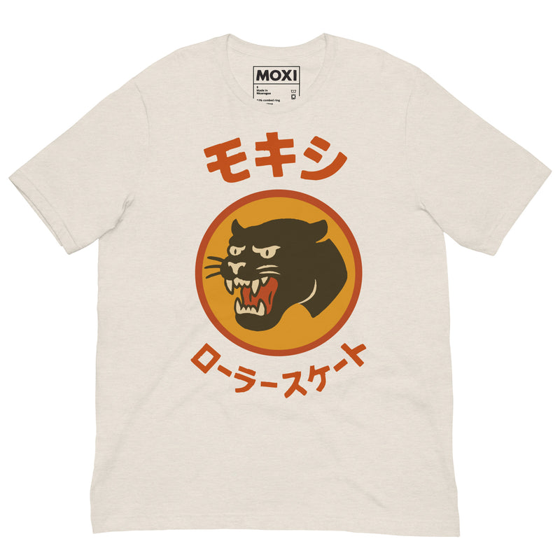 White Moxi unisex T-shirt featuring a bold black panther logo in an orange circle with red Japanese katakana text above and below, translating to “Moxi Roller Skates.” Soft cotton fabric with a classic crew neck fit.
