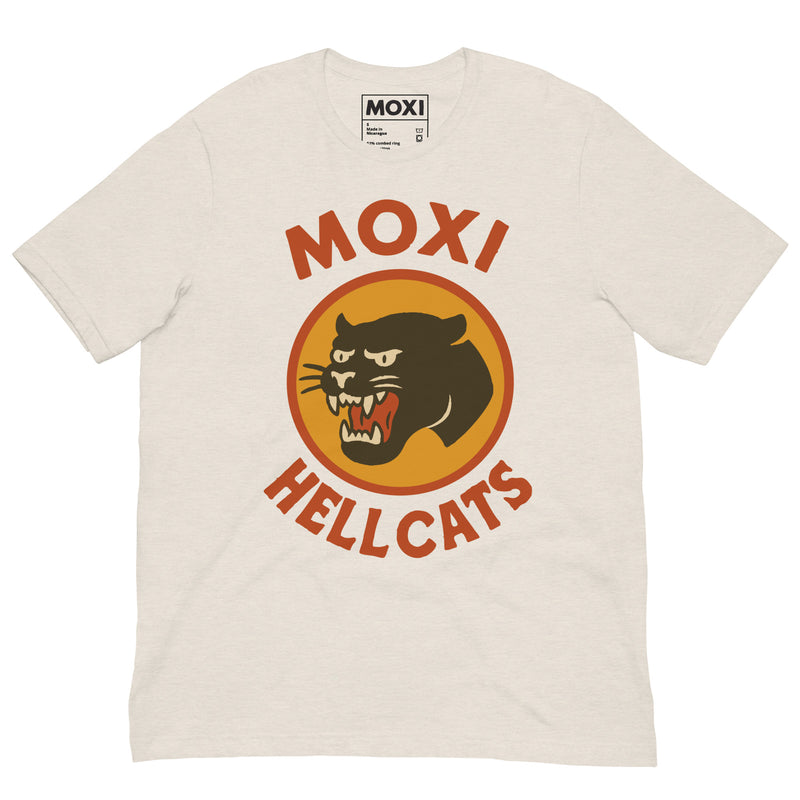 White Moxi Hellcats unisex T-shirt with a vintage-style black panther graphic in an orange circle on the front, featuring bold red “MOXI” text above and “HELLCATS” below. Made from soft, breathable cotton-blend fabric for everyday comfort.