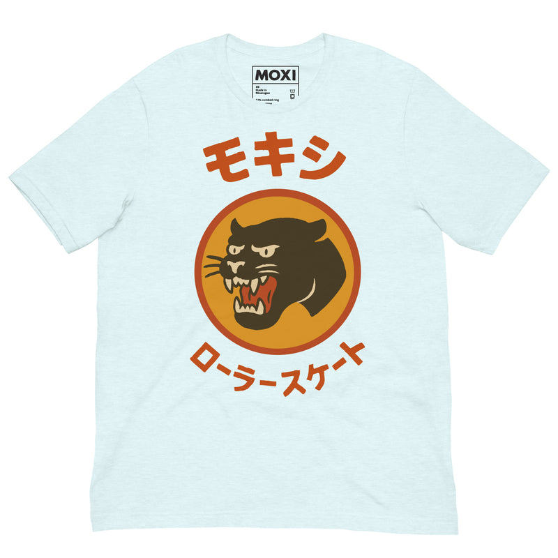 Blue Moxi unisex T-shirt featuring a bold black panther logo in an orange circle with red Japanese katakana text above and below, translating to “Moxi Roller Skates.” Soft cotton fabric with a classic crew neck fit.