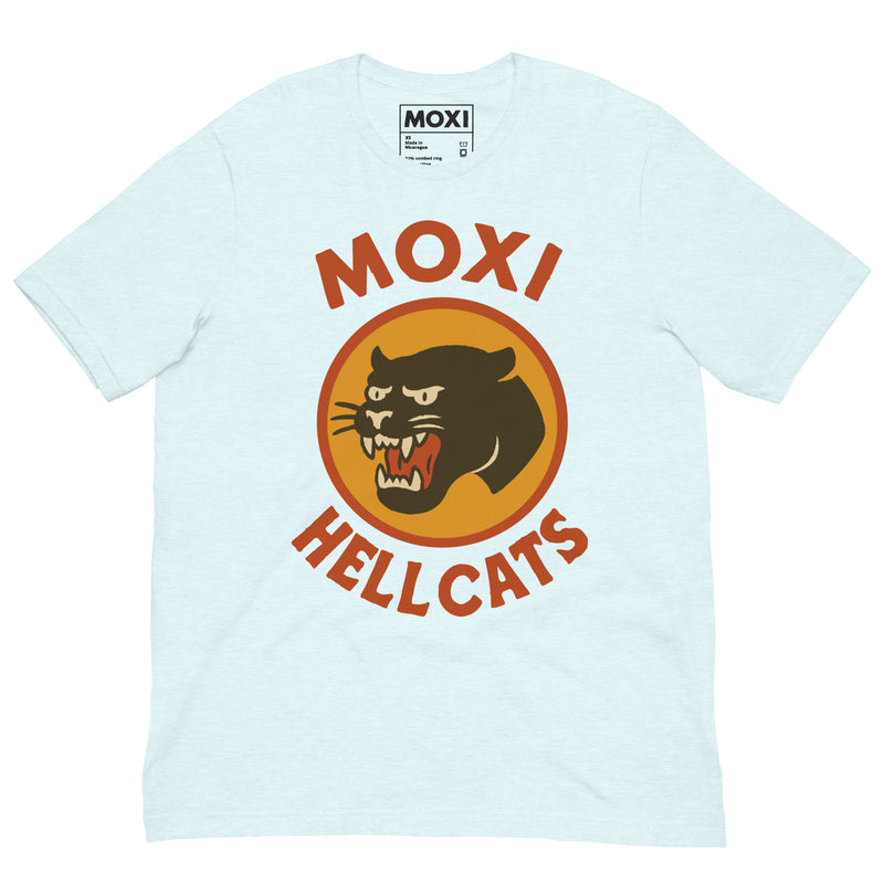 Loght Blue Moxi Hellcats unisex T-shirt with a vintage-style black panther graphic in an orange circle on the front, featuring bold red “MOXI” text above and “HELLCATS” below. Made from soft, breathable cotton-blend fabric for everyday comfort.