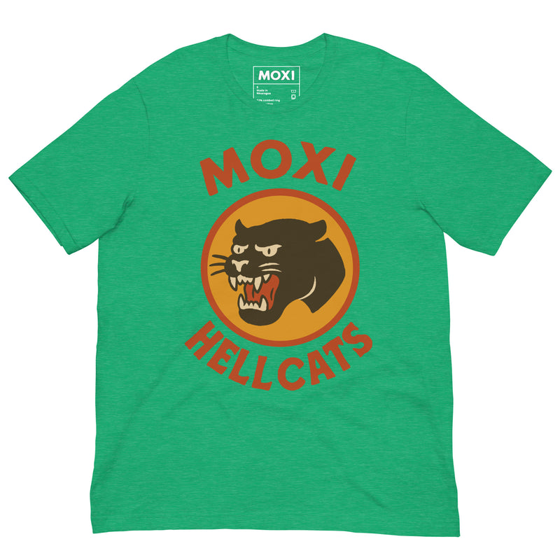 Bright green Moxi Hellcats unisex T-shirt with a vintage-style black panther graphic in an orange circle on the front, featuring bold red “MOXI” text above and “HELLCATS” below. Made from soft, breathable cotton-blend fabric for everyday comfort.