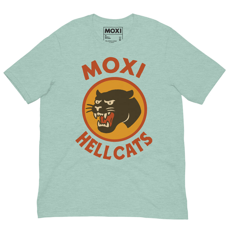 Green Moxi Hellcats unisex T-shirt with a vintage-style black panther graphic in an orange circle on the front, featuring bold red “MOXI” text above and “HELLCATS” below. Made from soft, breathable cotton-blend fabric for everyday comfort.