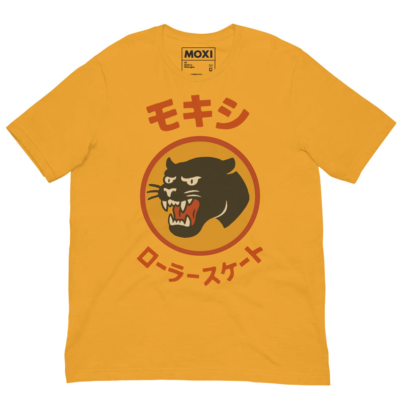 Bright yellow Moxi unisex T-shirt featuring a bold black panther logo in an orange circle with red Japanese katakana text above and below, translating to “Moxi Roller Skates.” Soft cotton fabric with a classic crew neck fit.