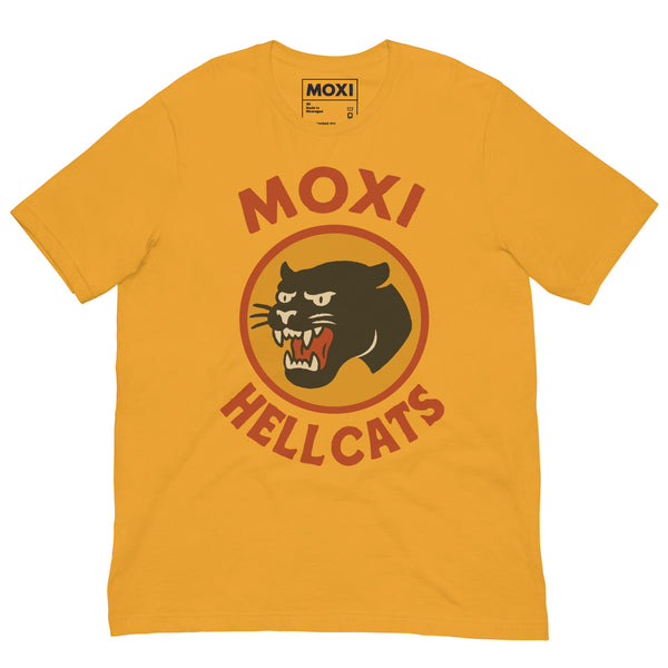 Yellow Moxi Hellcats unisex T-shirt with a vintage-style black panther graphic in an orange circle on the front, featuring bold red “MOXI” text above and “HELLCATS” below. Made from soft, breathable cotton-blend fabric for everyday comfort.