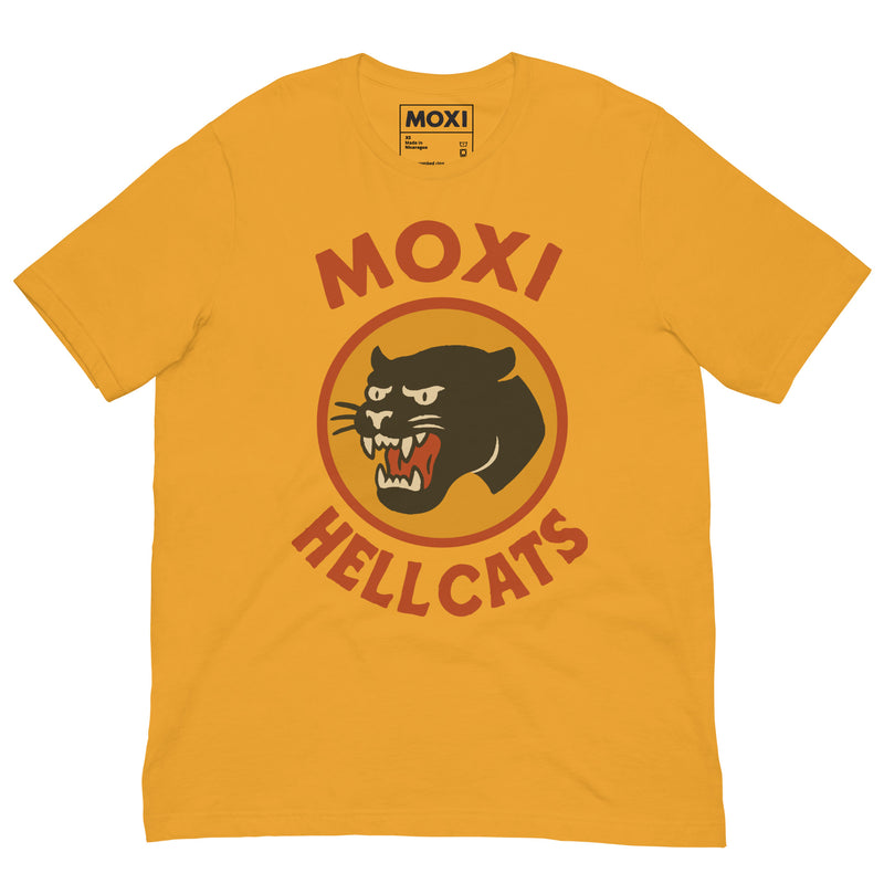 Yellow Moxi Hellcats unisex T-shirt with a vintage-style black panther graphic in an orange circle on the front, featuring bold red “MOXI” text above and “HELLCATS” below. Made from soft, breathable cotton-blend fabric for everyday comfort.
