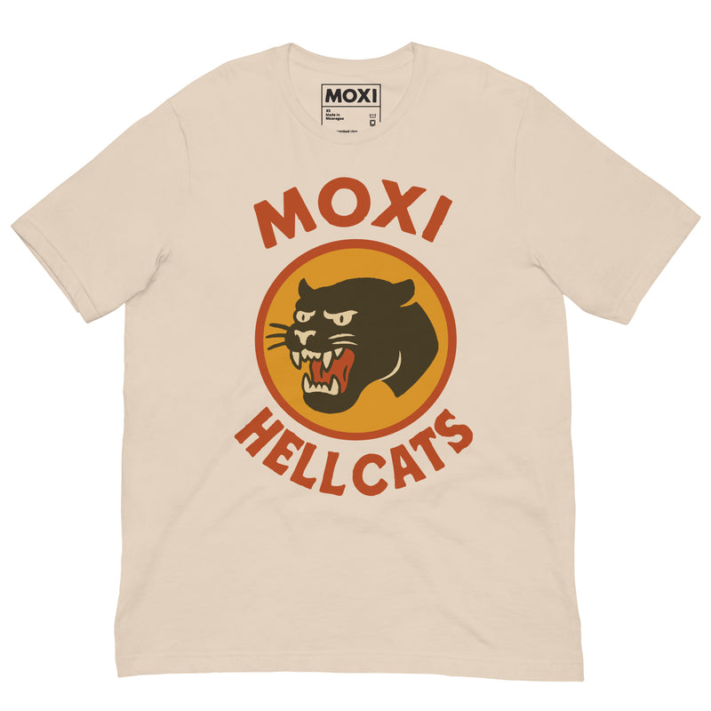 Off white Moxi Hellcats unisex T-shirt with a vintage-style black panther graphic in an orange circle on the front, featuring bold red “MOXI” text above and “HELLCATS” below. Made from soft, breathable cotton-blend fabric for everyday comfort.