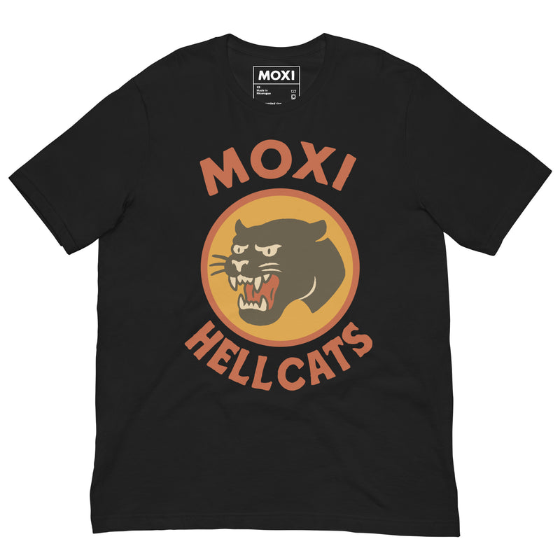 Black Moxi Hellcats unisex T-shirt with a vintage-style black panther graphic in an orange circle on the front, featuring bold red “MOXI” text above and “HELLCATS” below. Made from soft, breathable cotton-blend fabric for everyday comfort.