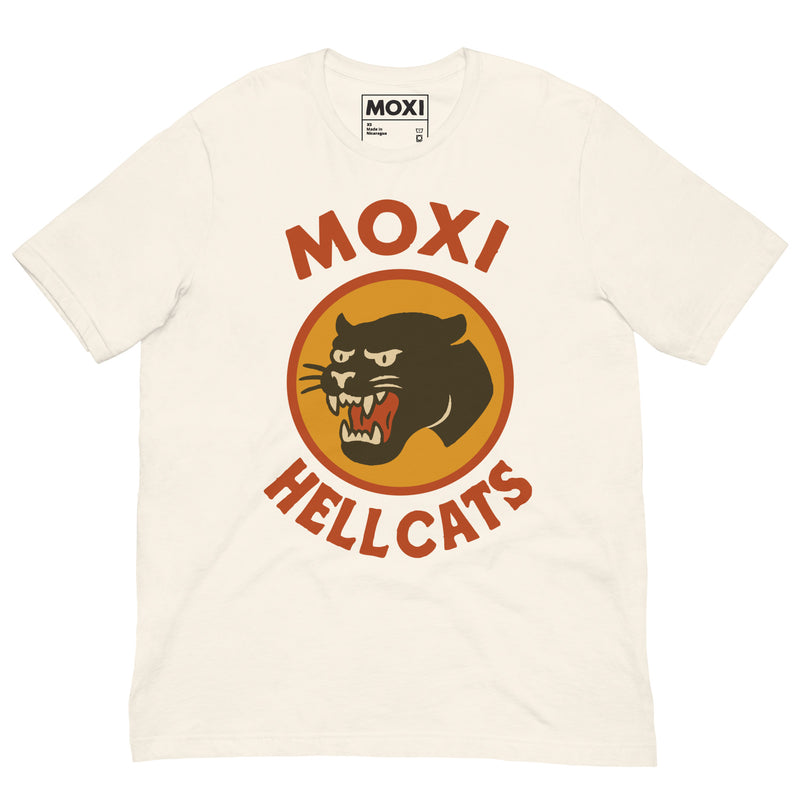 White Moxi Hellcats unisex T-shirt with a vintage-style black panther graphic in an orange circle on the front, featuring bold red “MOXI” text above and “HELLCATS” below. Made from soft, breathable cotton-blend fabric for everyday comfort.
