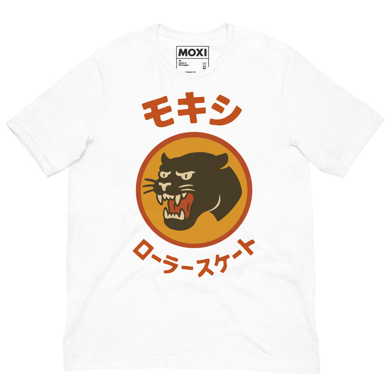 White Moxi unisex T-shirt featuring a bold black panther logo in an orange circle with red Japanese katakana text above and below, translating to “Moxi Roller Skates.” Soft cotton fabric with a classic crew neck fit.