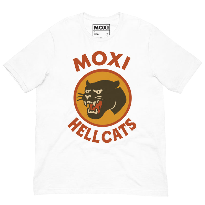 White Moxi Hellcats unisex T-shirt with a vintage-style black panther graphic in an orange circle on the front, featuring bold red “MOXI” text above and “HELLCATS” below. Made from soft, breathable cotton-blend fabric for everyday comfort.