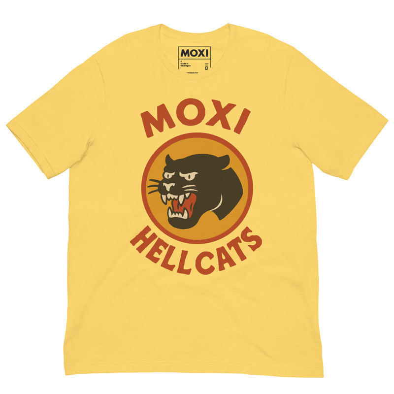 Yellow Moxi Hellcats unisex T-shirt with a vintage-style black panther graphic in an orange circle on the front, featuring bold red “MOXI” text above and “HELLCATS” below. Made from soft, breathable cotton-blend fabric for everyday comfort.