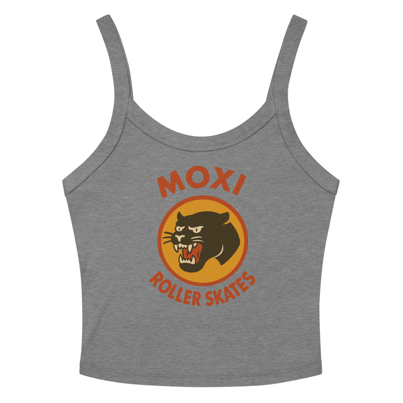 Heather Grey Moxi crop top with spaghetti straps, featuring a vintage-style black panther logo in an orange circle and bold red “MOXI Roller Skates” text on the front.