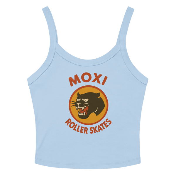Light blue Moxi crop top with spaghetti straps, featuring a vintage-style black panther logo in an orange circle and bold red “MOXI Roller Skates” text on the front.