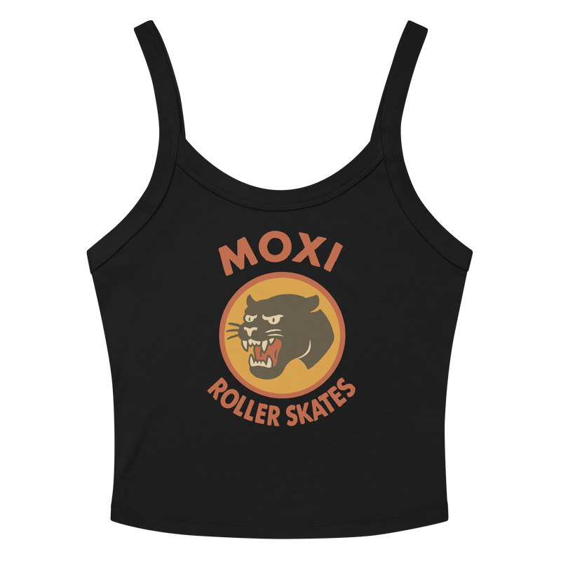 Black Moxi crop top with spaghetti straps, featuring a vintage-style black panther logo in an orange circle and bold red “MOXI Roller Skates” text on the front.