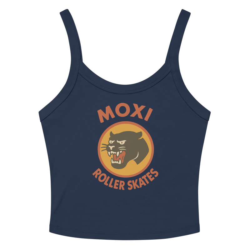 Dark Blue Moxi crop top with spaghetti straps, featuring a vintage-style black panther logo in an orange circle and bold red “MOXI Roller Skates” text on the front.