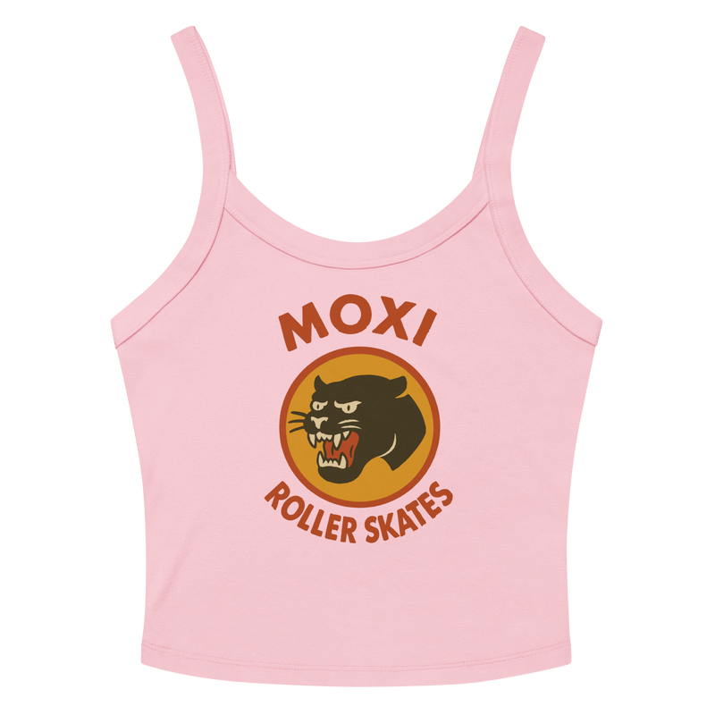 Pink Moxi crop top with spaghetti straps, featuring a vintage-style black panther logo in an orange circle and bold red “MOXI Roller Skates” text on the front.
