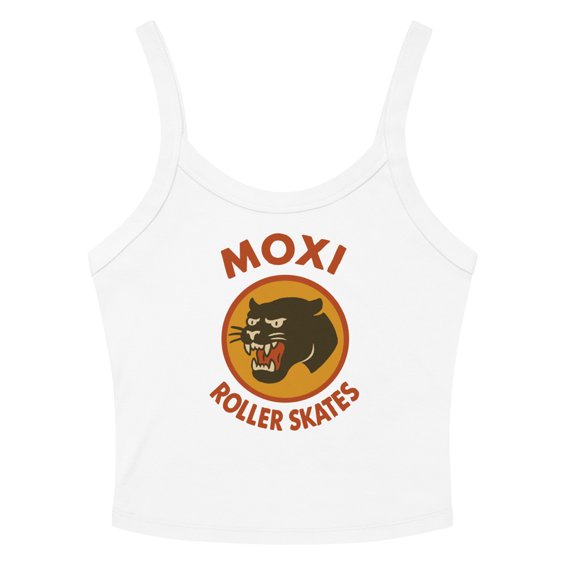 White Moxi crop top with spaghetti straps, featuring a vintage-style black panther logo in an orange circle and bold red “MOXI Roller Skates” text on the front.