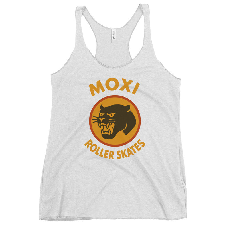 Grey racerback Moxi tank top with a bold yellow and orange vintage-style panther logo on the front, featuring “MOXI Roller Skates” text in a retro font. Lightweight and fitted for active or casual wear.