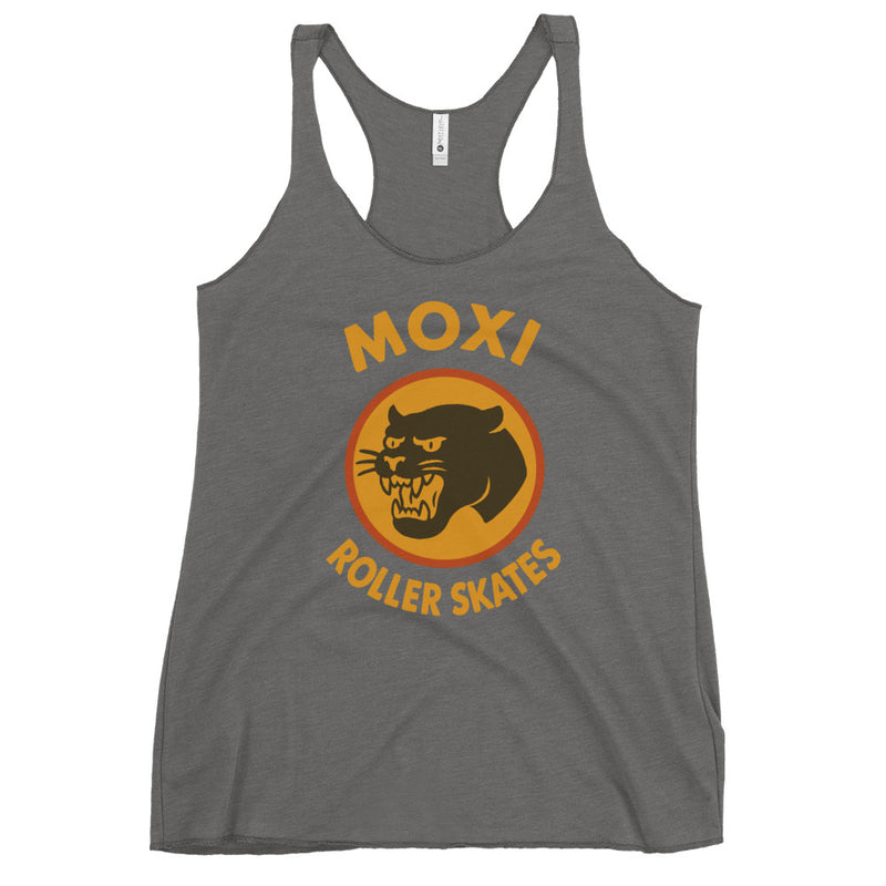 Dark Grey racerback Moxi tank top with a bold yellow and orange vintage-style panther logo on the front, featuring “MOXI Roller Skates” text in a retro font. Lightweight and fitted for active or casual wear.