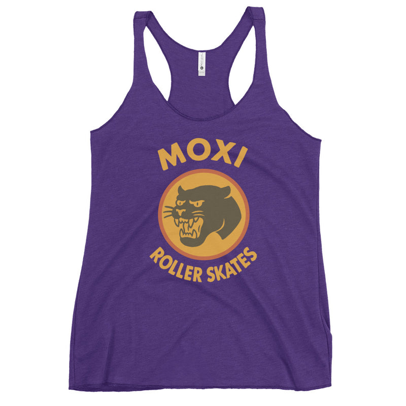 Purple racerback Moxi tank top with a bold yellow and orange vintage-style panther logo on the front, featuring “MOXI Roller Skates” text in a retro font. Lightweight and fitted for active or casual wear.