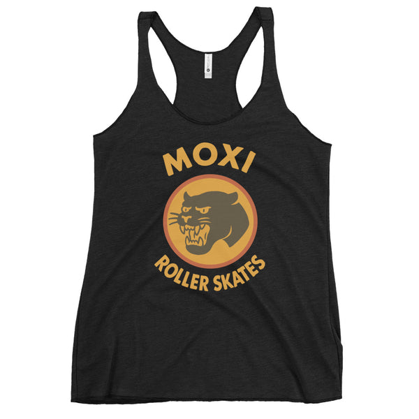 Black racerback Moxi tank top with a bold yellow and orange vintage-style panther logo on the front, featuring “MOXI Roller Skates” text in a retro font. Lightweight and fitted for active or casual wear.