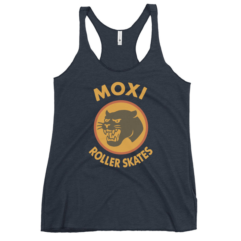 Blue racerback Moxi tank top with a bold yellow and orange vintage-style panther logo on the front, featuring “MOXI Roller Skates” text in a retro font. Lightweight and fitted for active or casual wear.