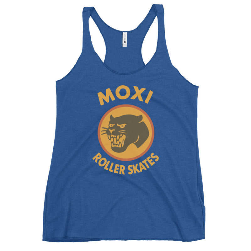 Blue racerback Moxi tank top with a bold yellow and orange vintage-style panther logo on the front, featuring “MOXI Roller Skates” text in a retro font. Lightweight and fitted for active or casual wear.