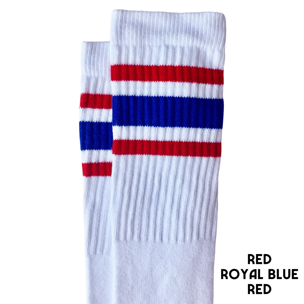 22 inch knee high socks with red, royal blue, red stripes