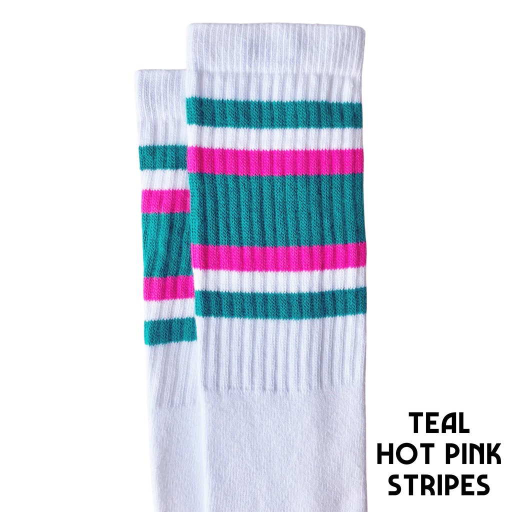 22 inch knee high socks with teal, hot pink stripes