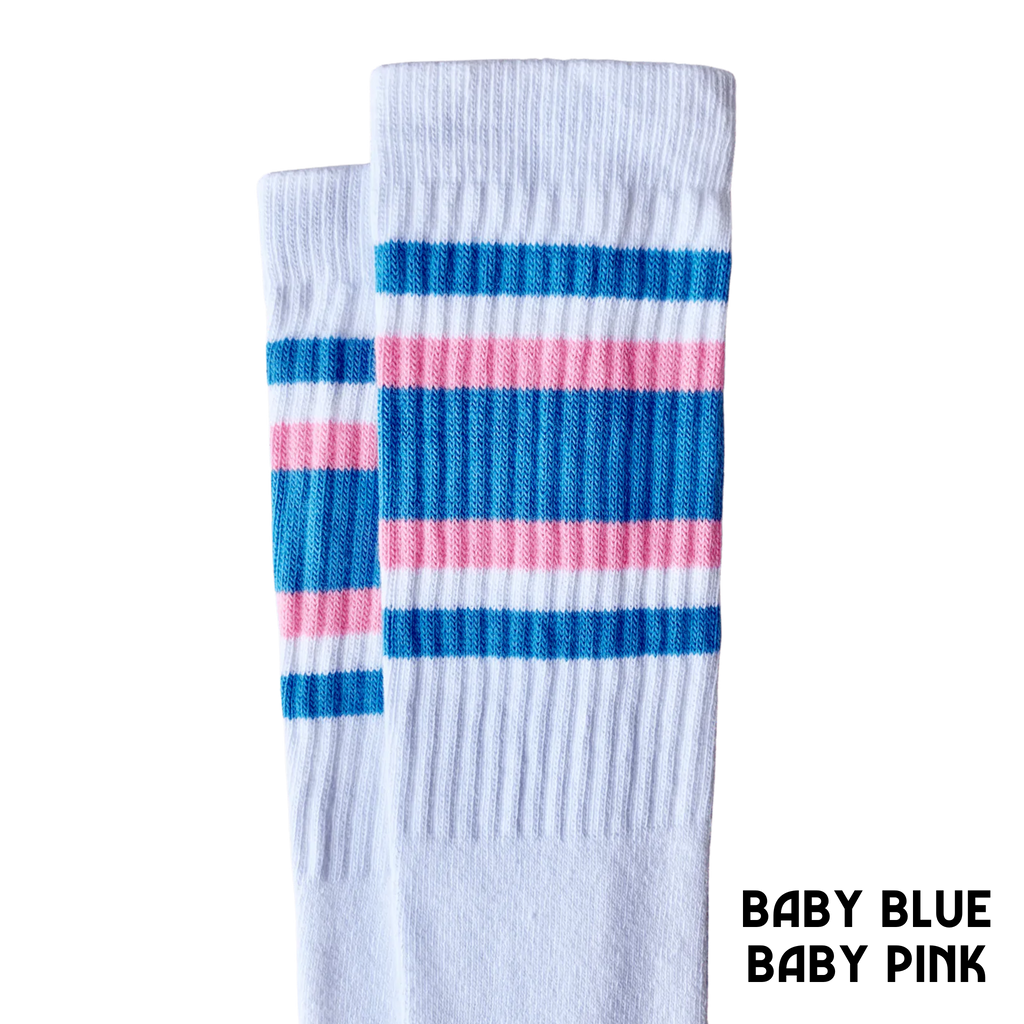 22 inch knee high socks with baby blue and pink stripes