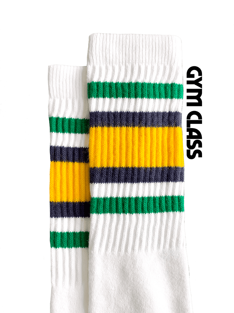 Green, black, yellow striped 19 inch Moxi Skater Socks named gym class.