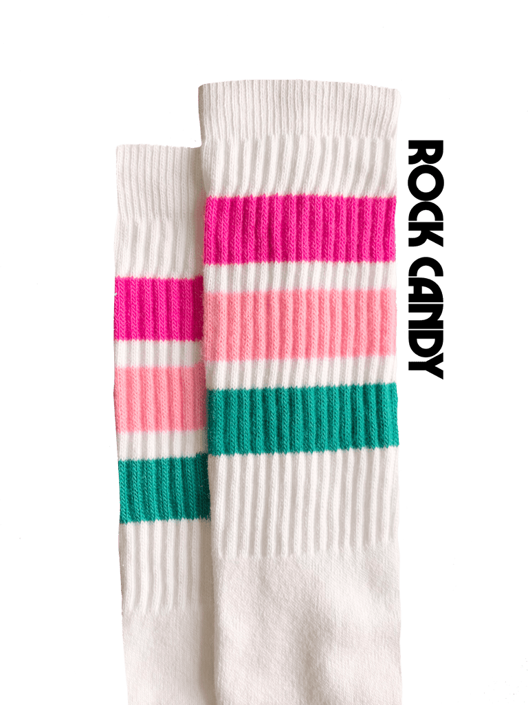 Hot pink, light pink, teal striped 19 inch Moxi Skater Socks named rock candy.