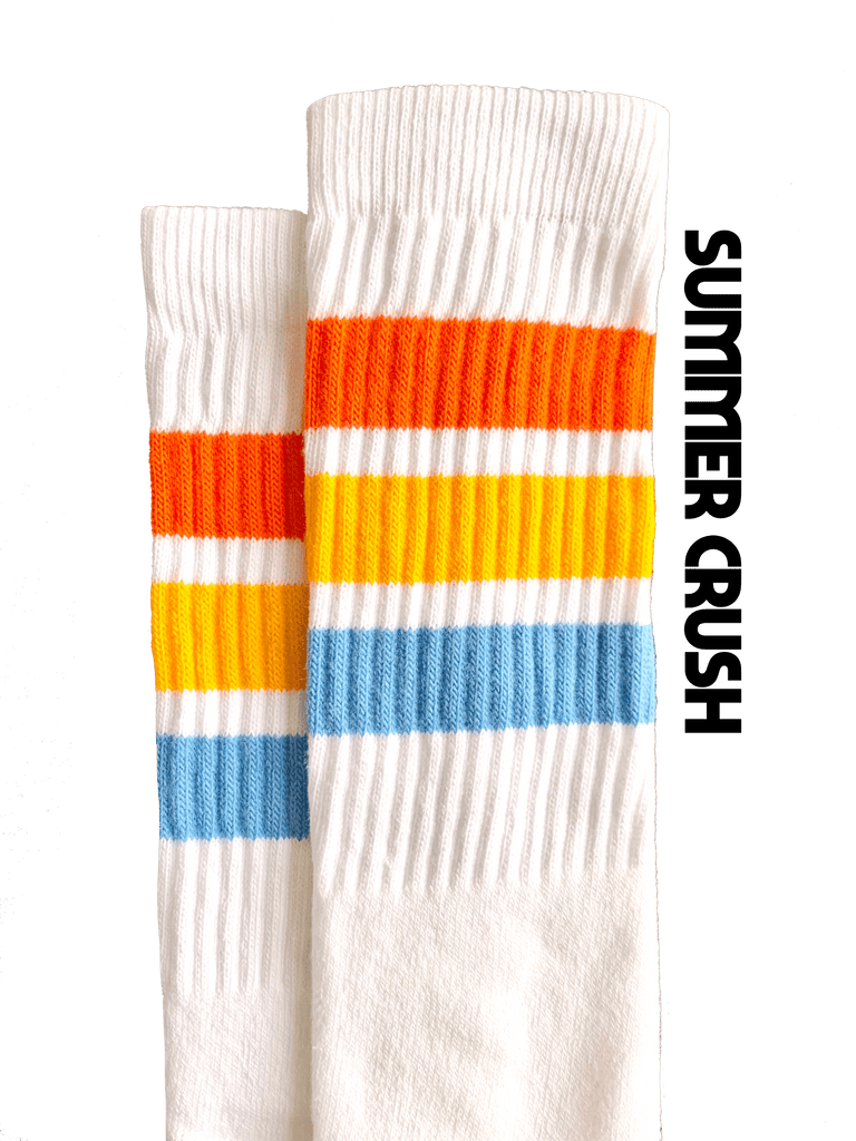19 inch Moxi Skater Socks with orange, yellow, blue stripes named summer crush