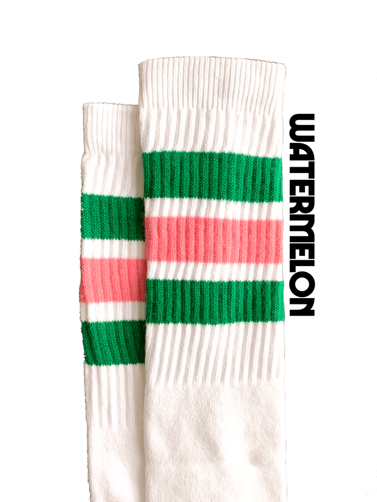 Green pink striped 19 inch Moxi Skater Socks named watermelon