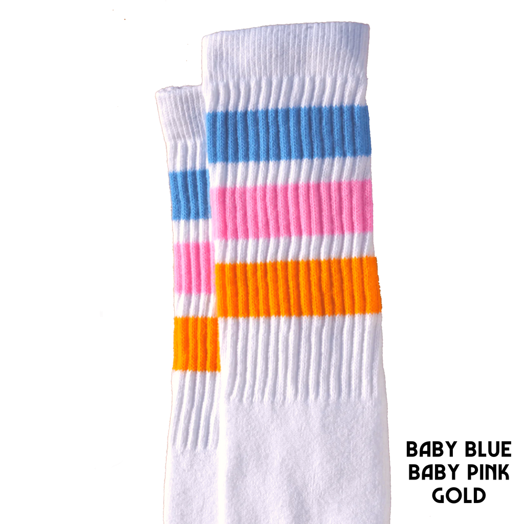 22 inch knee high socks with baby blue, baby pink, gold stripes
