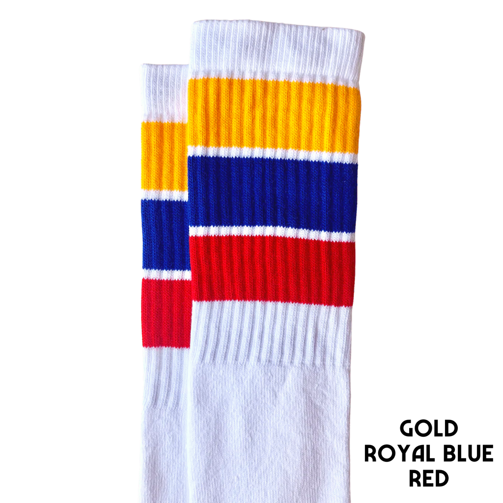 22 inch knee high socks with gold, royal blue, red stripes