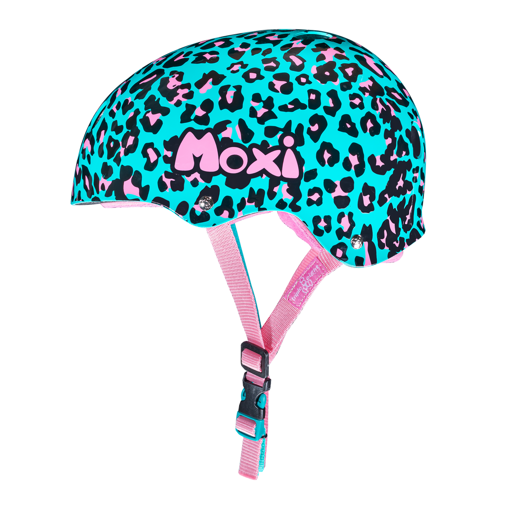 Side view of Moxi Helmet in Blue Leopard. The color of the helmet has the base of blue with leopard print of black and pink spots.