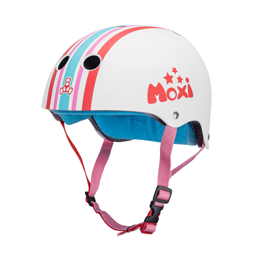 Front 3/4 angle of Moxi Helmet named Stripey.  White helmet with Moxi logo on the side with stars above it. The stripes go through the center and are red, pink and light blue.
