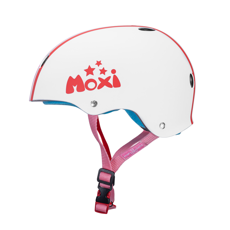 Side of Moxi Helmet named Stripey.  White helmet with Moxi logo on the side with stars above it. Straps of the helmet are pink.