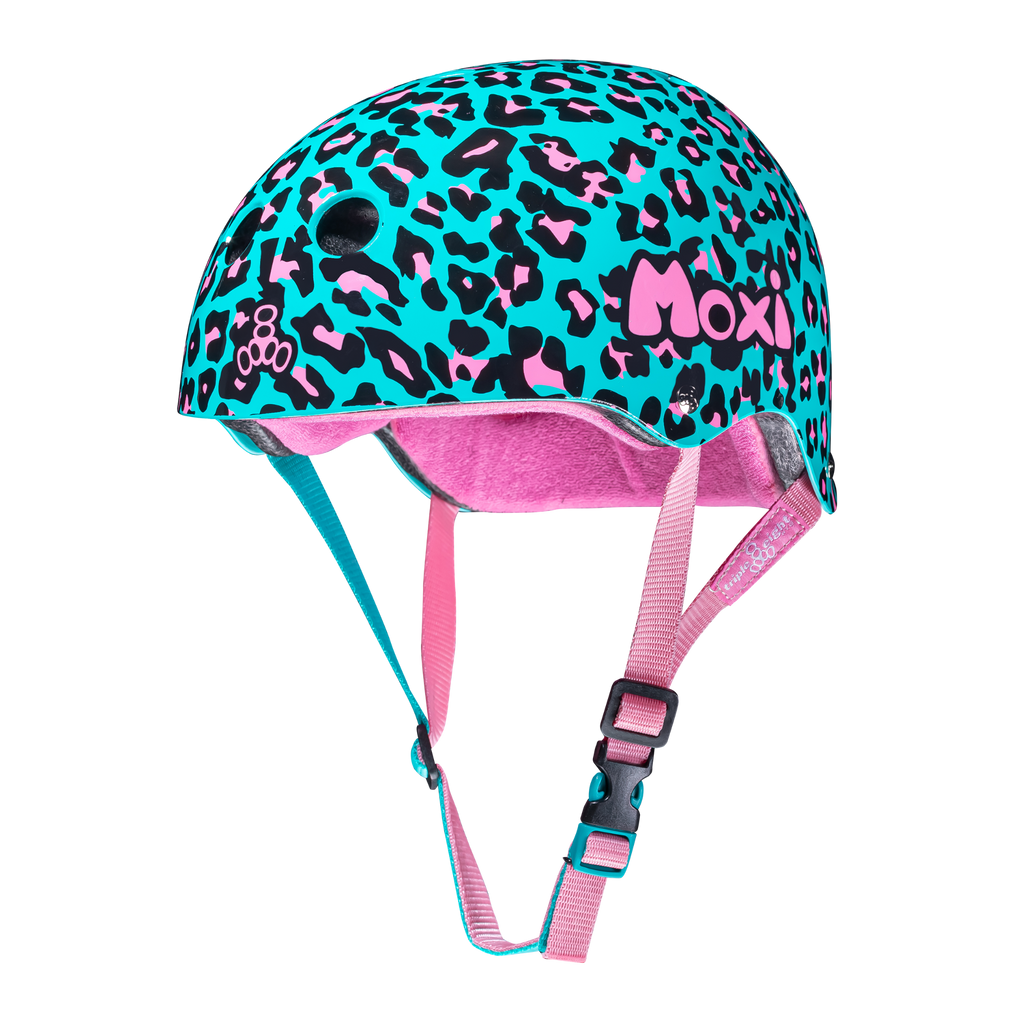 3/4 view of Moxi Helmet in Blue Leopard. The color of the helmet has the base of blue with leopard print of black and pink spots.