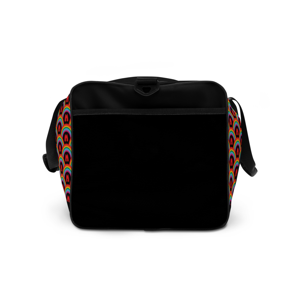 side pocket of Bright Side Duffle Bag rainbow pattern