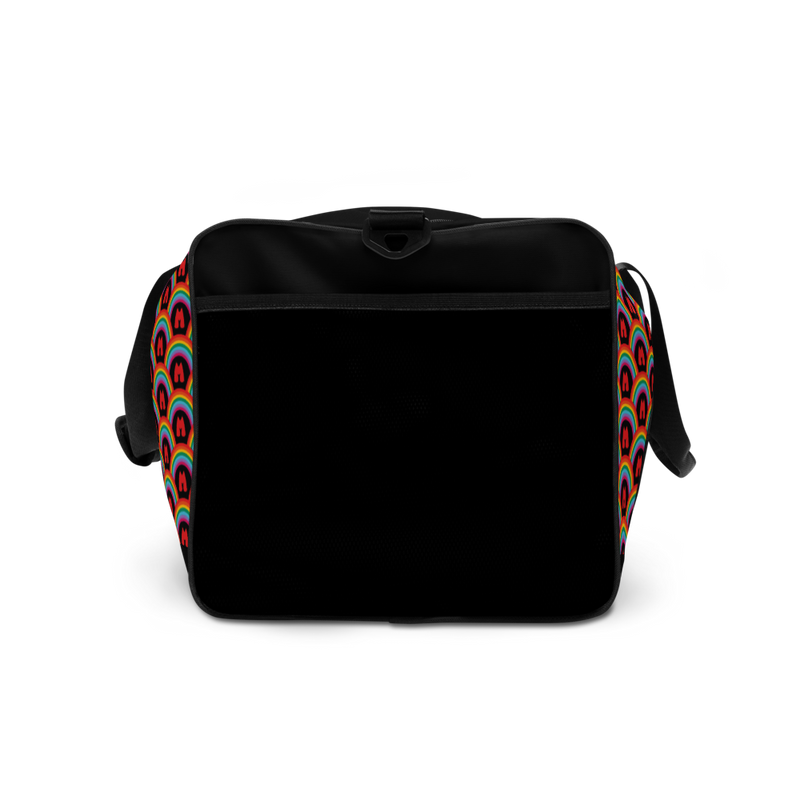 side pocket of Bright Side Duffle Bag rainbow pattern