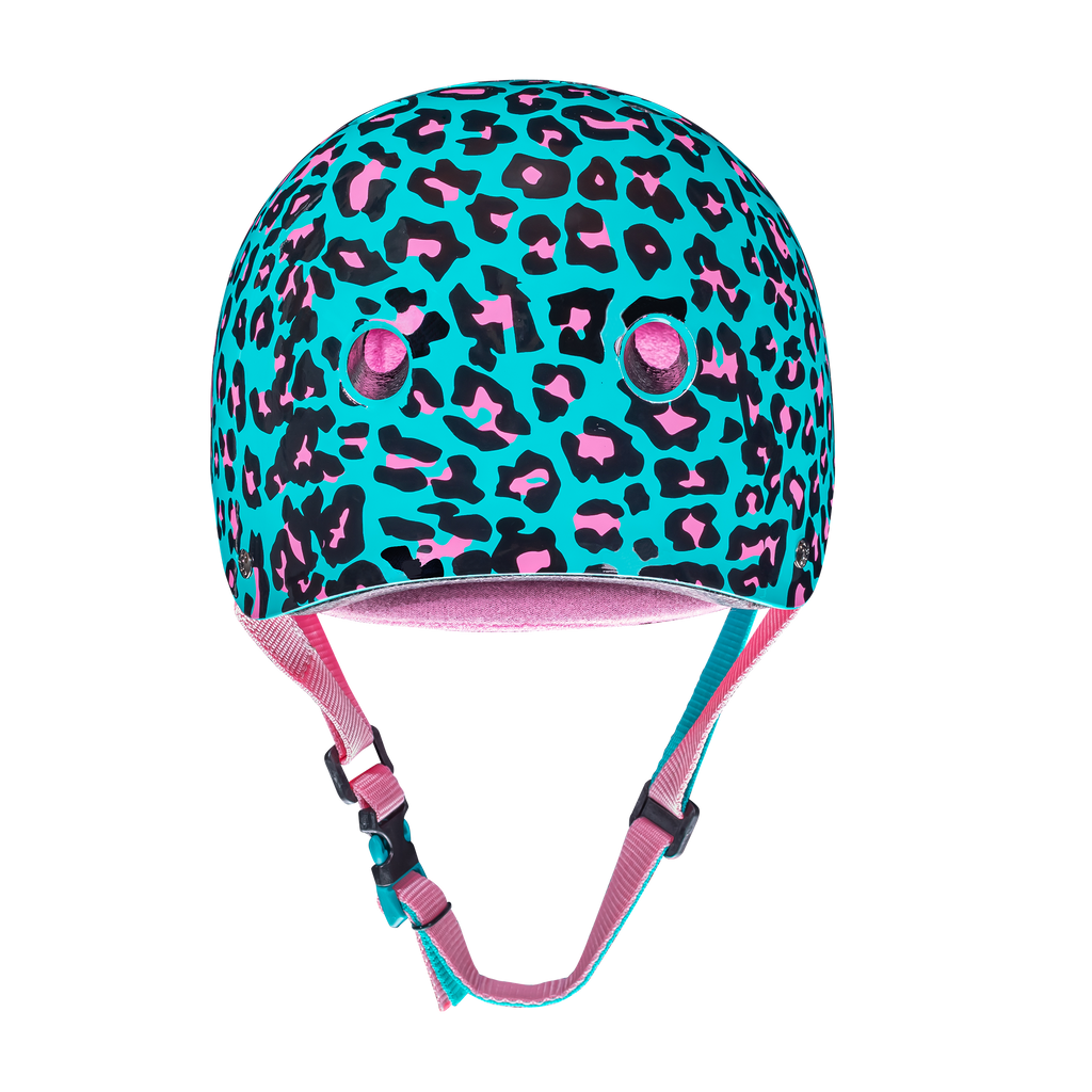 Back view of Moxi Helmet in Blue Leopard. The color of the helmet has the base of blue with leopard print of black and pink spots.